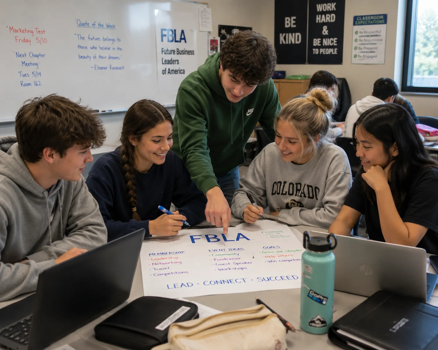 AI-generated illustration of students planning FBLA chapter activities in a classroom