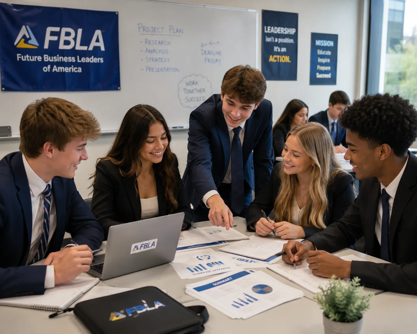 AI-generated illustration of an FBLA team preparing a business project
